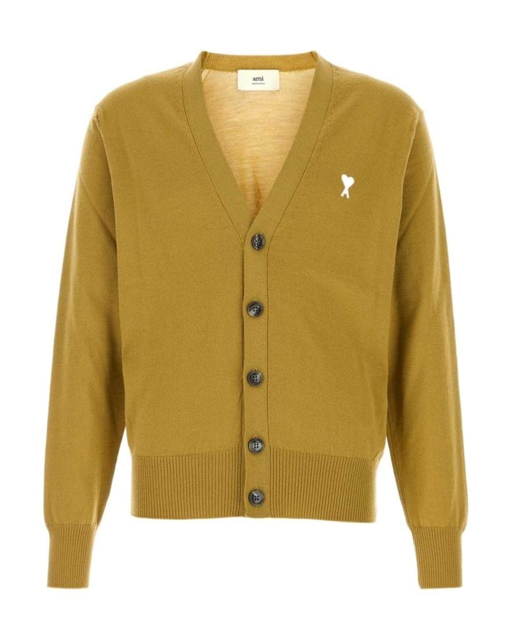 AMI Yellow Logo Detailed V-Neck Cardigan for men