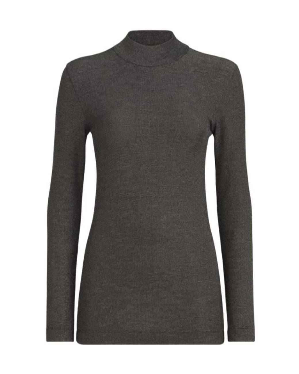Brunello Cucinelli Black Sparkling Virgin Wool Mock Neck Long Sleeve T-Shirt With Monili