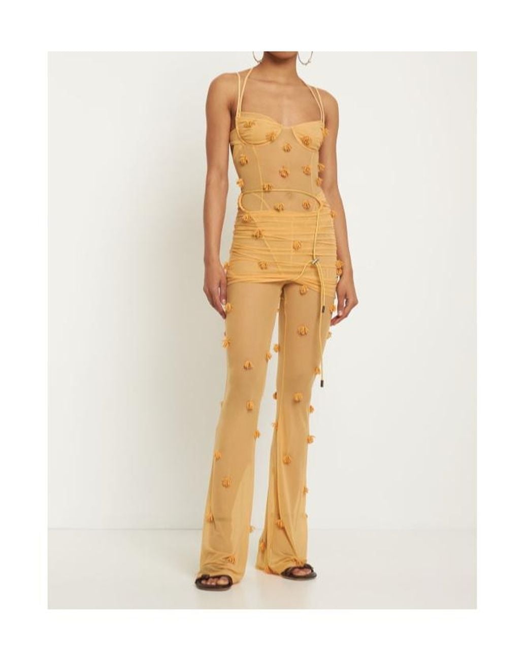 Jacquemus Metallic Le Pantalon Espelho Beaded Mesh Casual Pants