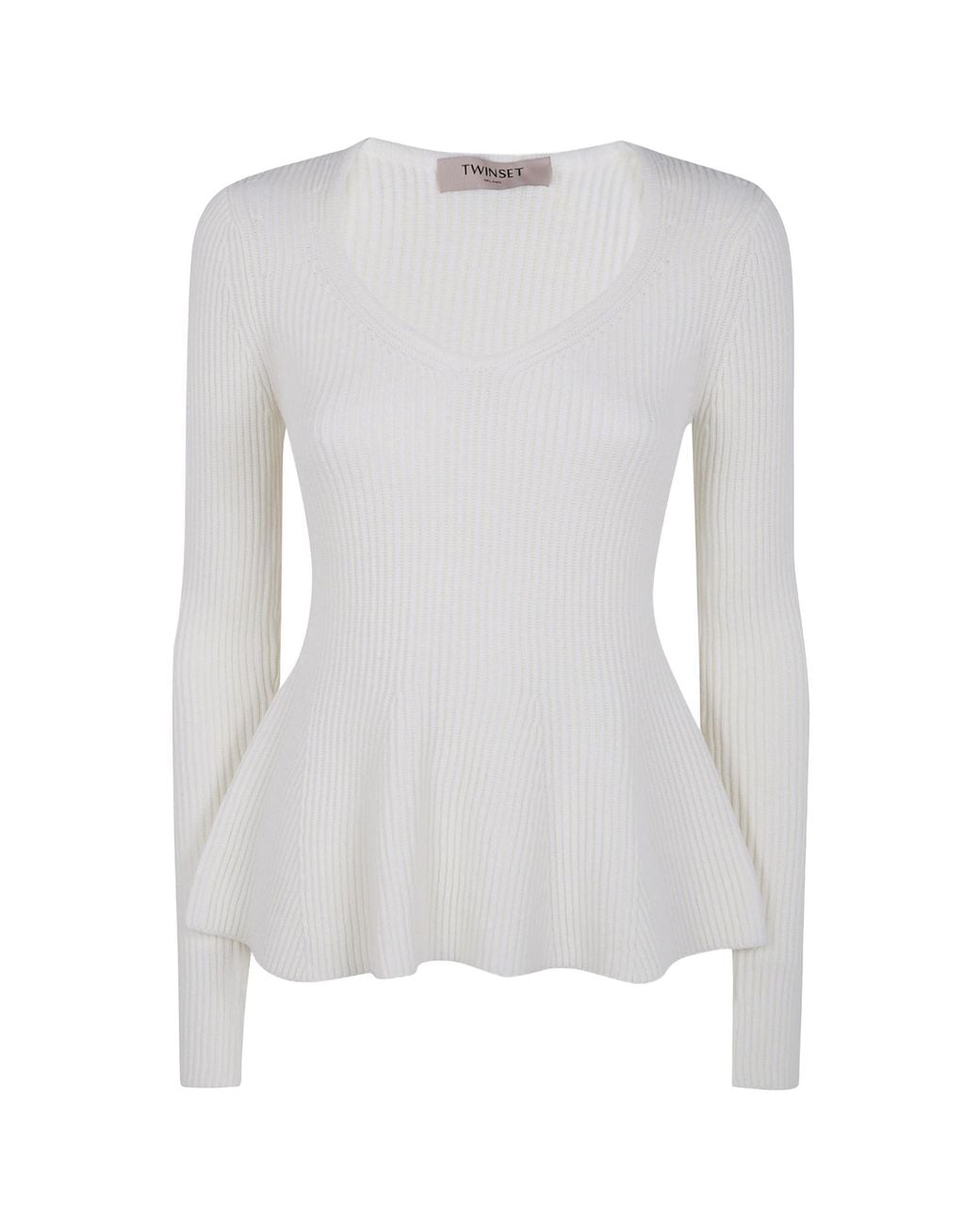 Twinset White V-Neck Ribbed Jumper