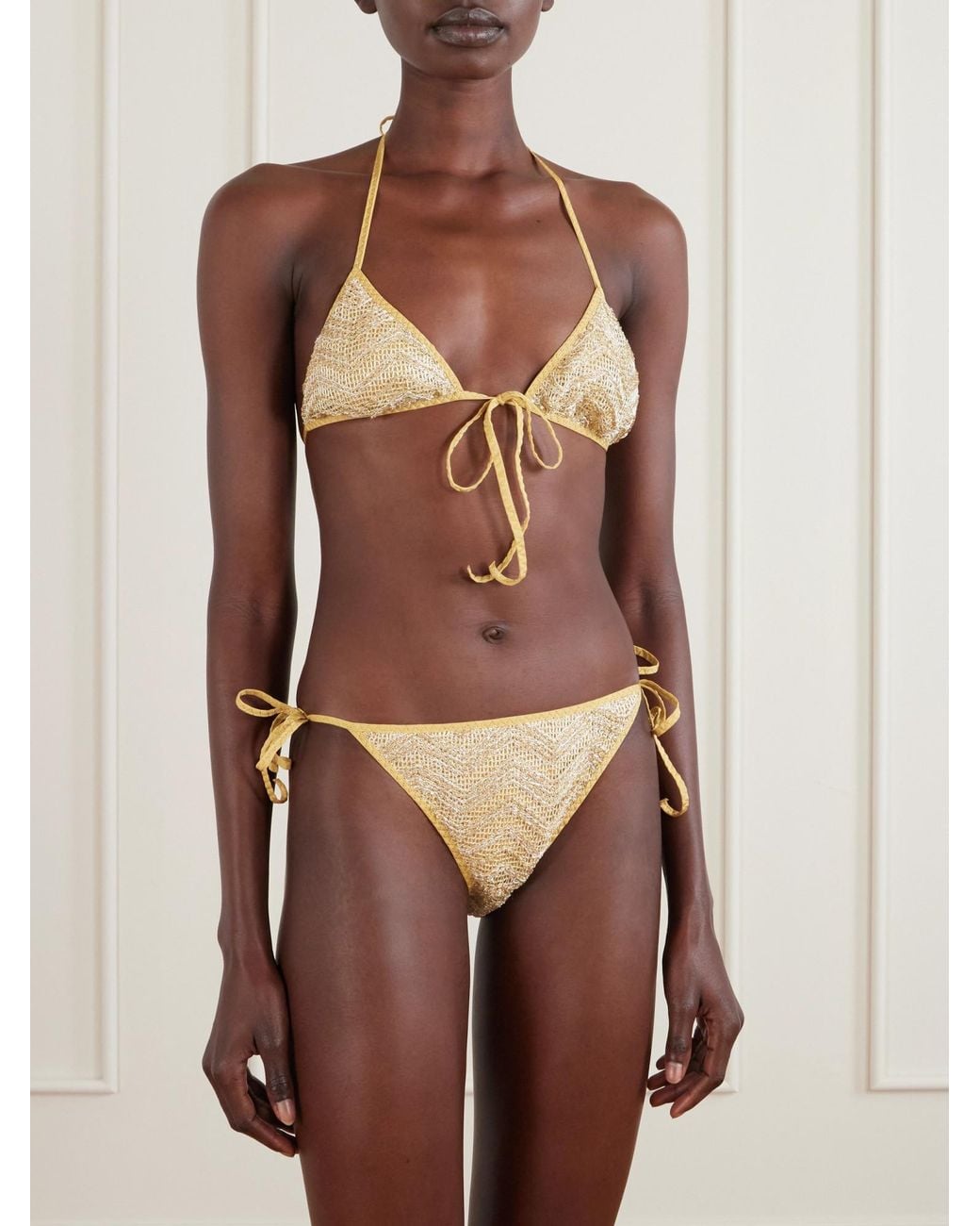 Missoni White Sequin-Embellished Striped Metallic Crochet-Knit Triangle Bikini