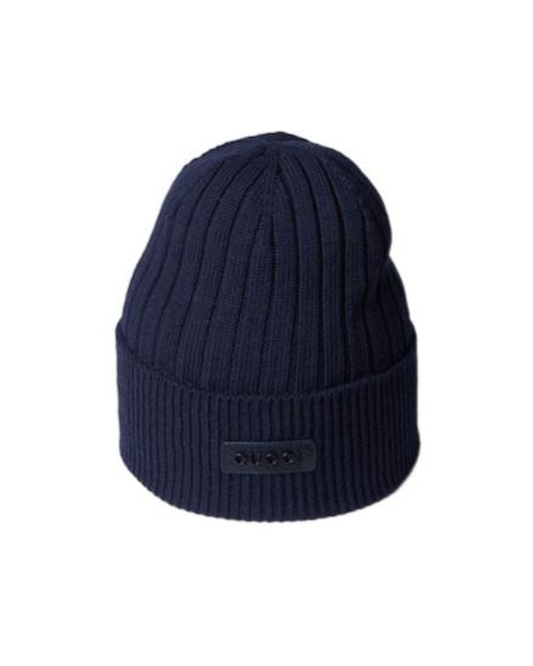 Gucci Blue Logo Patch Ribbed Beanie for men