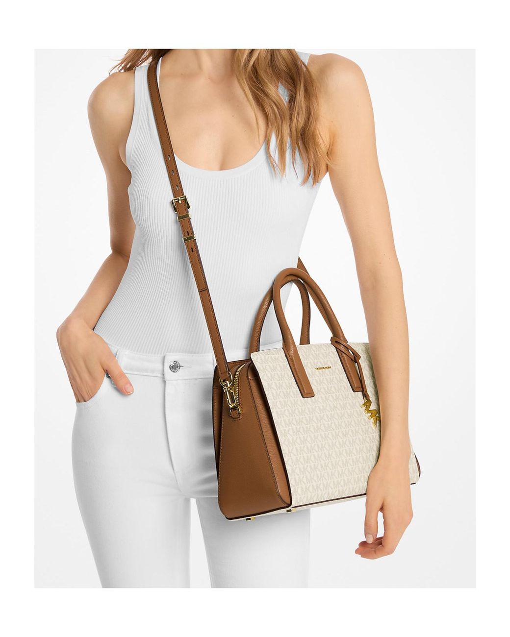 MICHAEL Michael Kors Natural Laila Medium Signature Logo Satchel