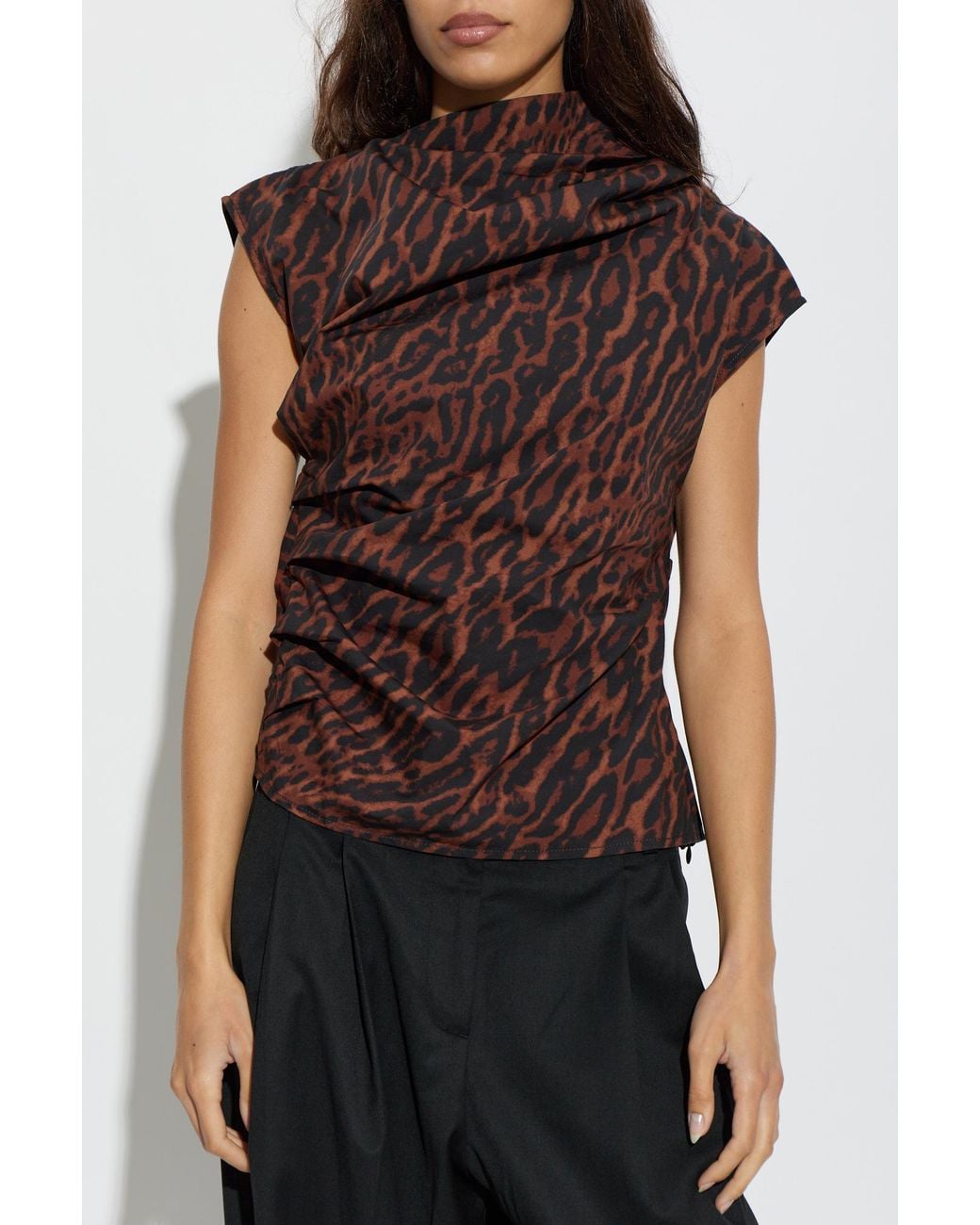 Ganni Brown Leopard-Print Draped Top