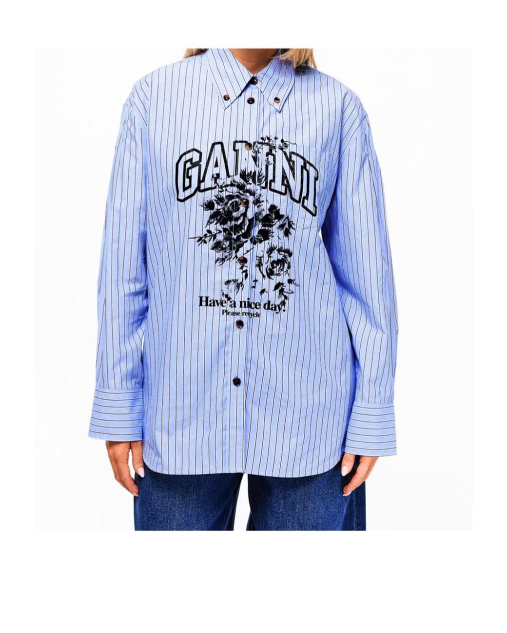 Ganni Blue Stripe Cotton Oversized T-Shirt