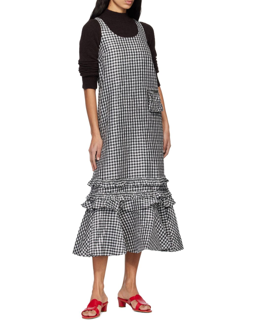 Ganni Gray Checked Sleeveless Midi Dress