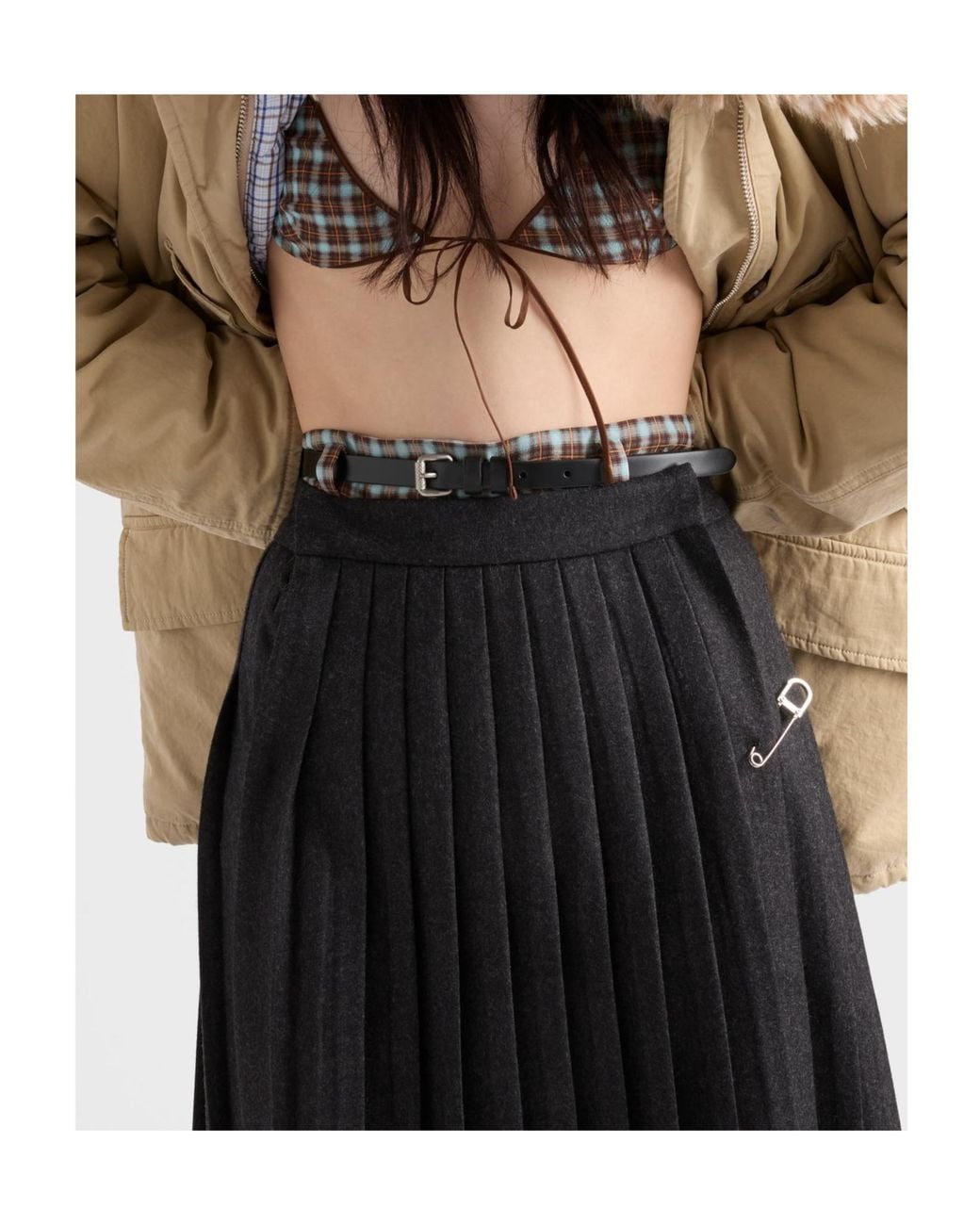 Prada Gray Pleated Wool Flannel Skirt