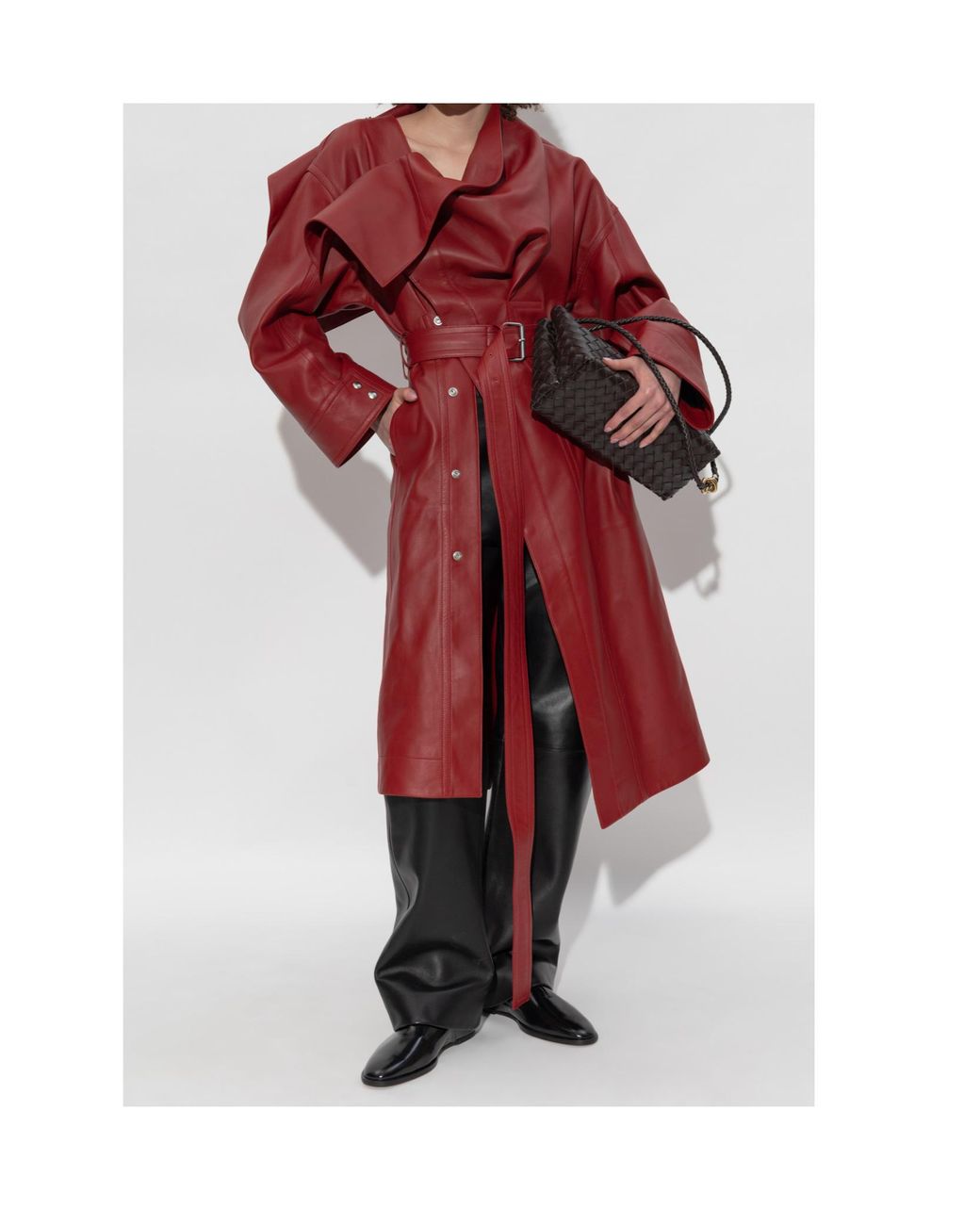 Bottega Veneta Red Belted Waist Leather Coat