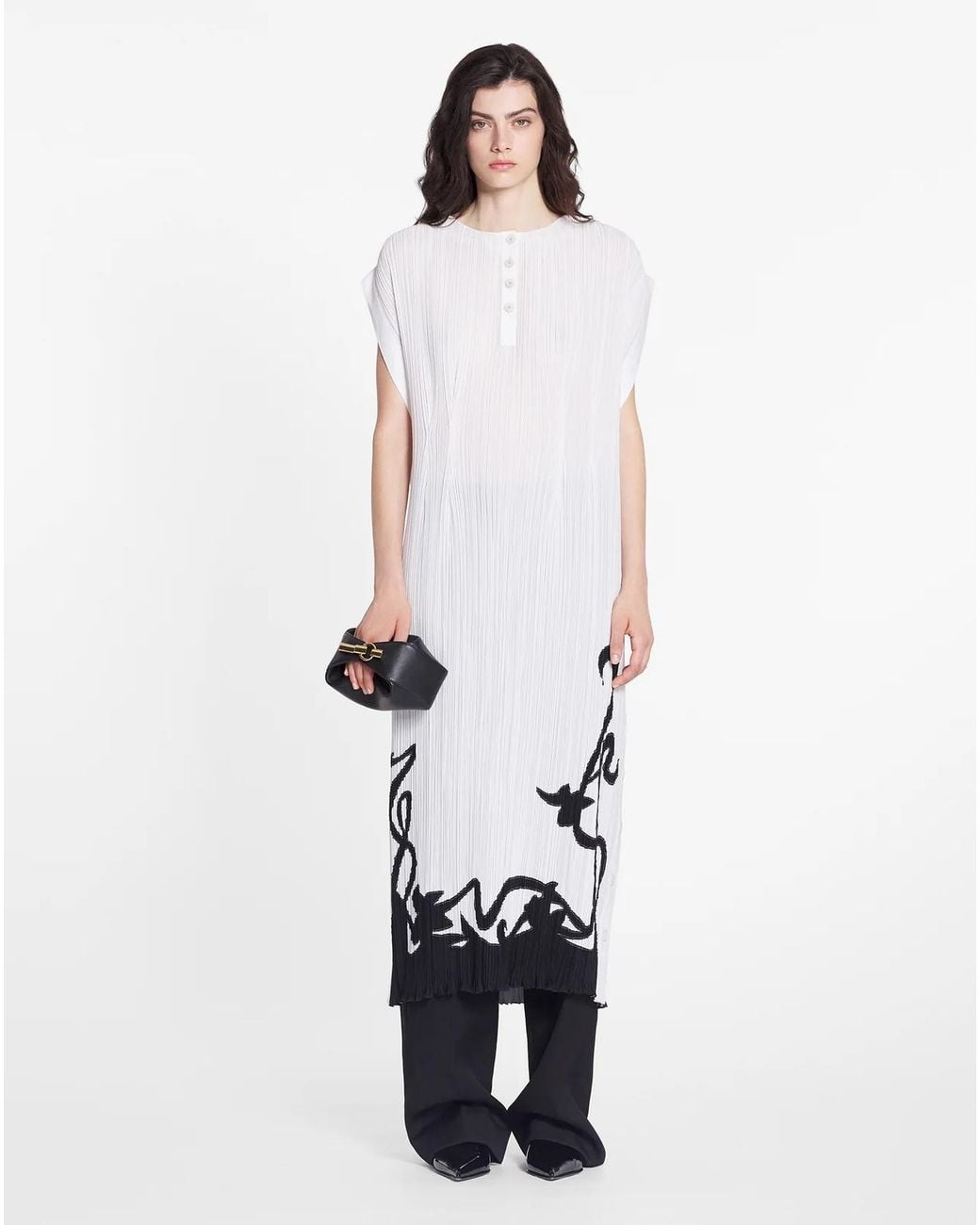 Lanvin White Plissé-Effect Straight Hem Midi Dress