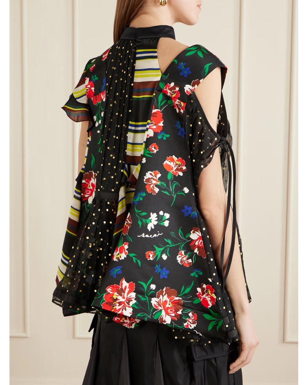 Sacai Black Pattern Mix Printed Ruffled Blouse
