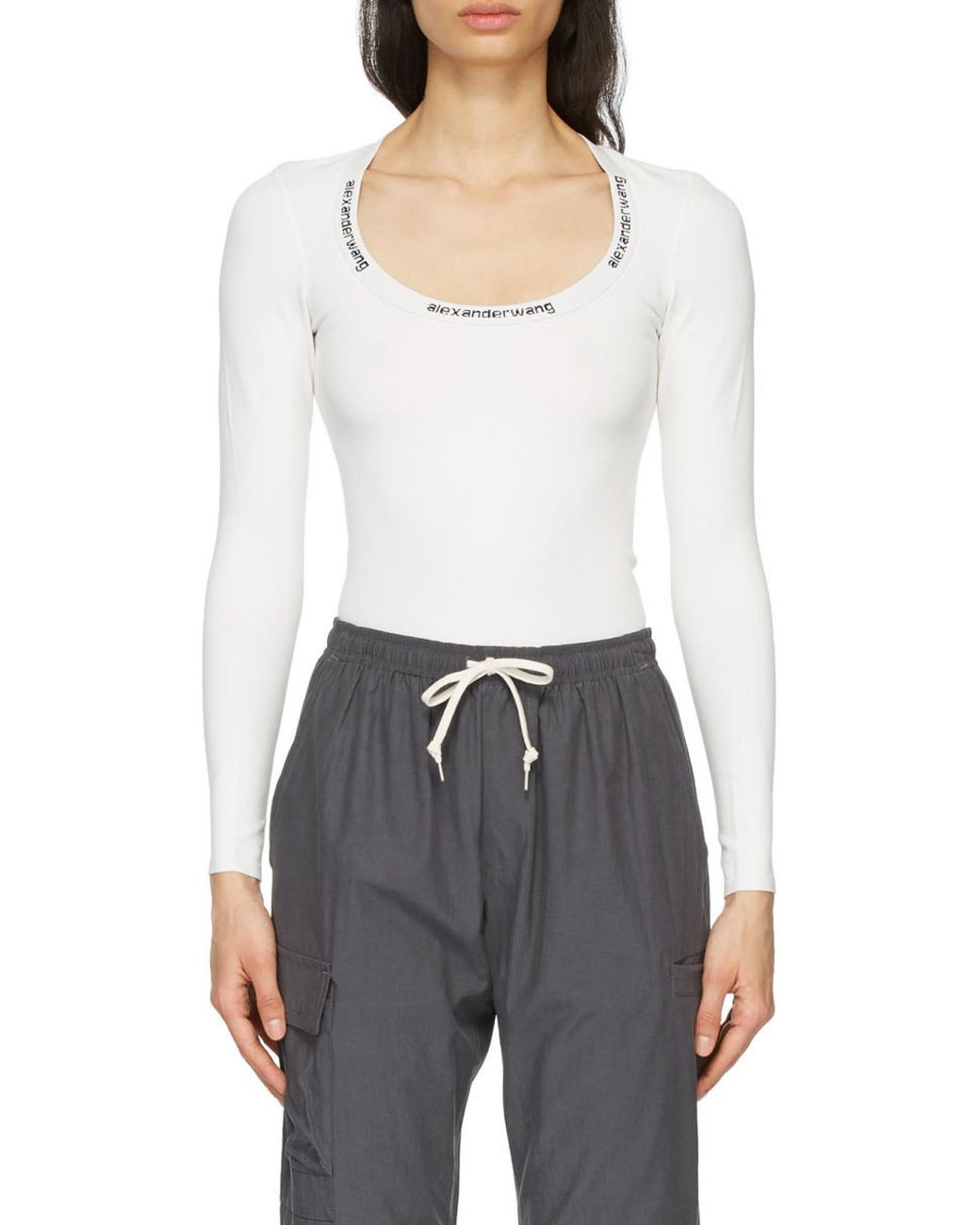 Alexander Wang White Logo-Print Long-Sleeved Top