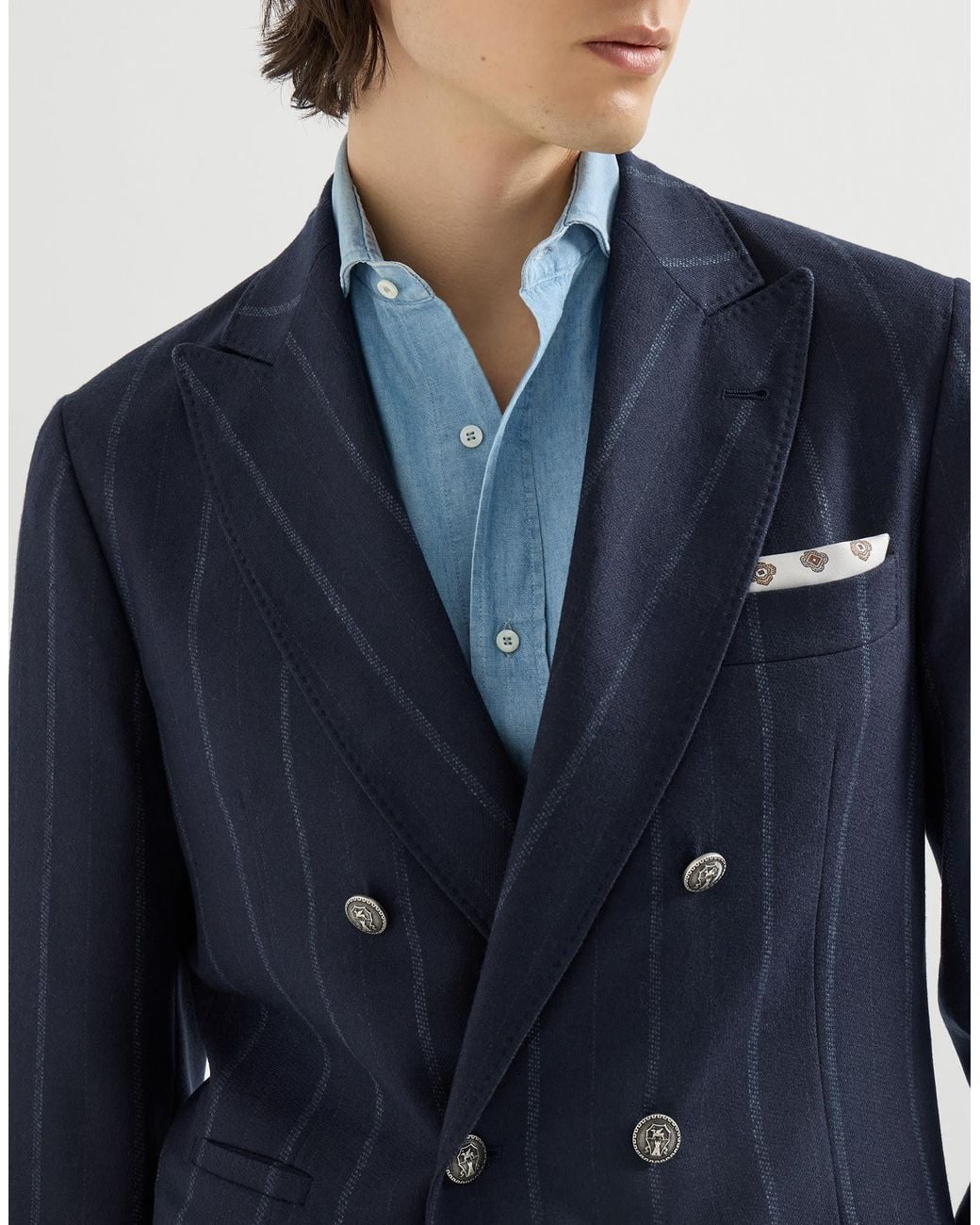 Brunello Cucinelli Blue Cashmere And Virgin Wool Multistripe Twill One-And-A-Half Breasted Deconstructed Blazer With Metal Buttons for men