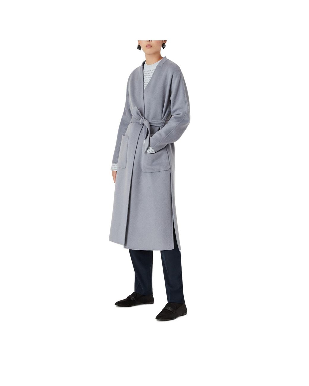 Emporio Armani Blue Long Coat With Waist Waist