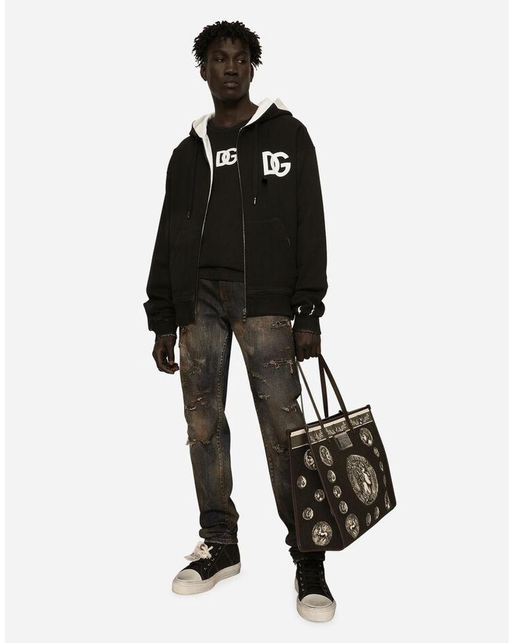Dolce & Gabbana Black Logo-Print Zipped Cardigan for men