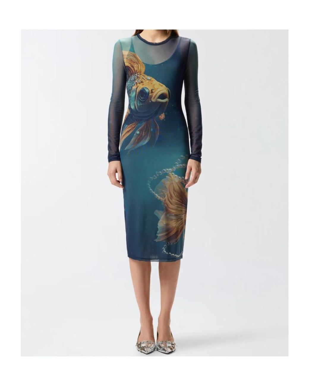 Pinko Blue Fish-Print Mesh Midi Dress