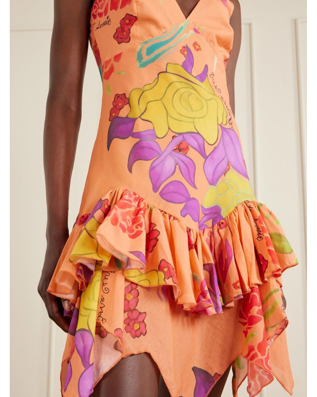 Donde Esteban Orange Guava Flores Ruffled Printed Cotton-Voile Mini Dress