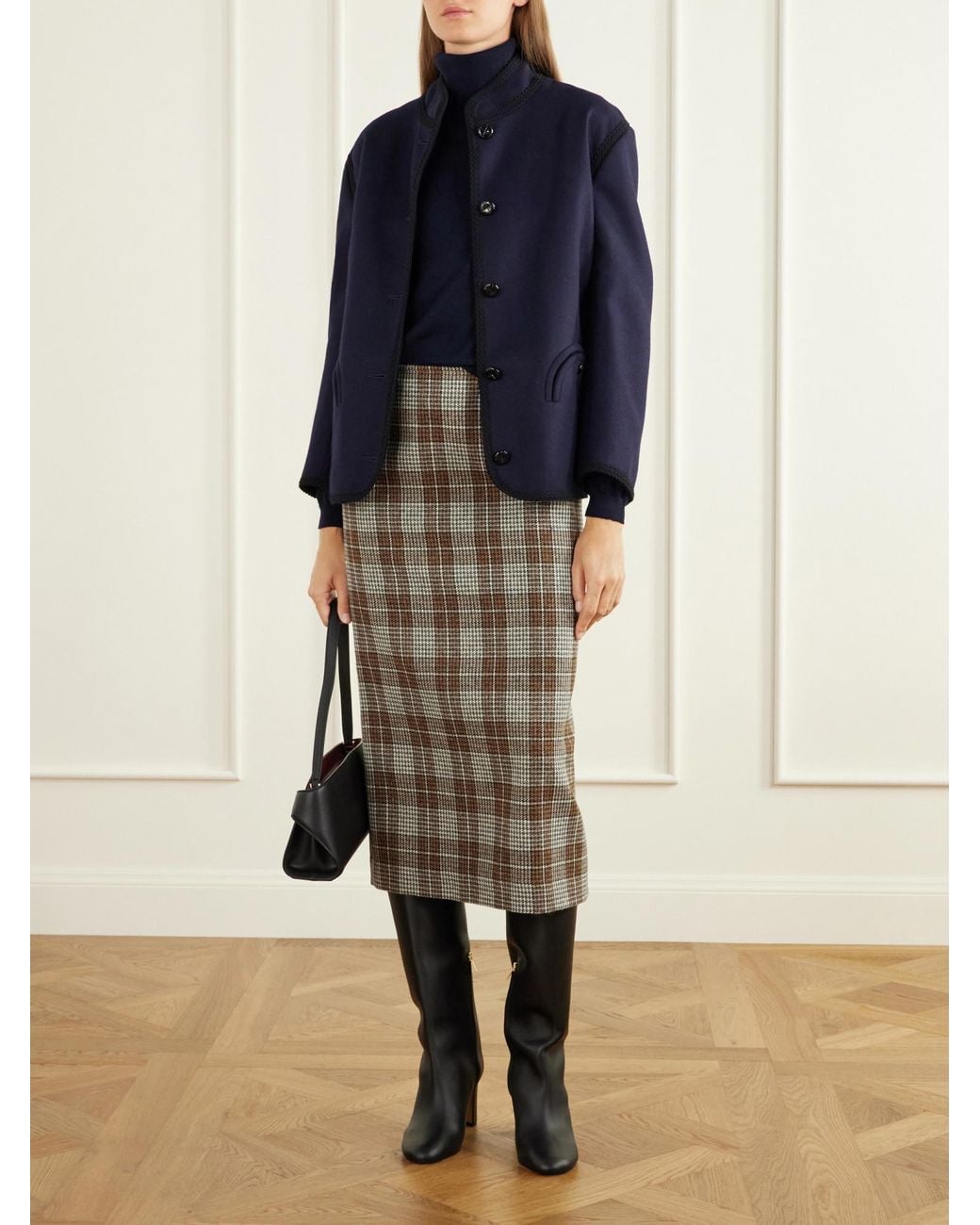 Giuliva Heritage Brown Checked Houndstooth Wool Knee-Length Skirt