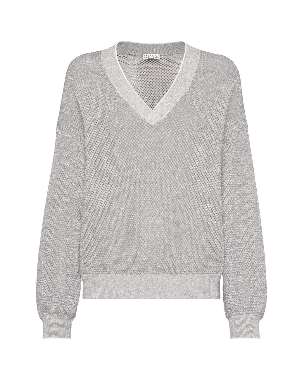 Brunello Cucinelli Gray V-Neck Knit Jumper