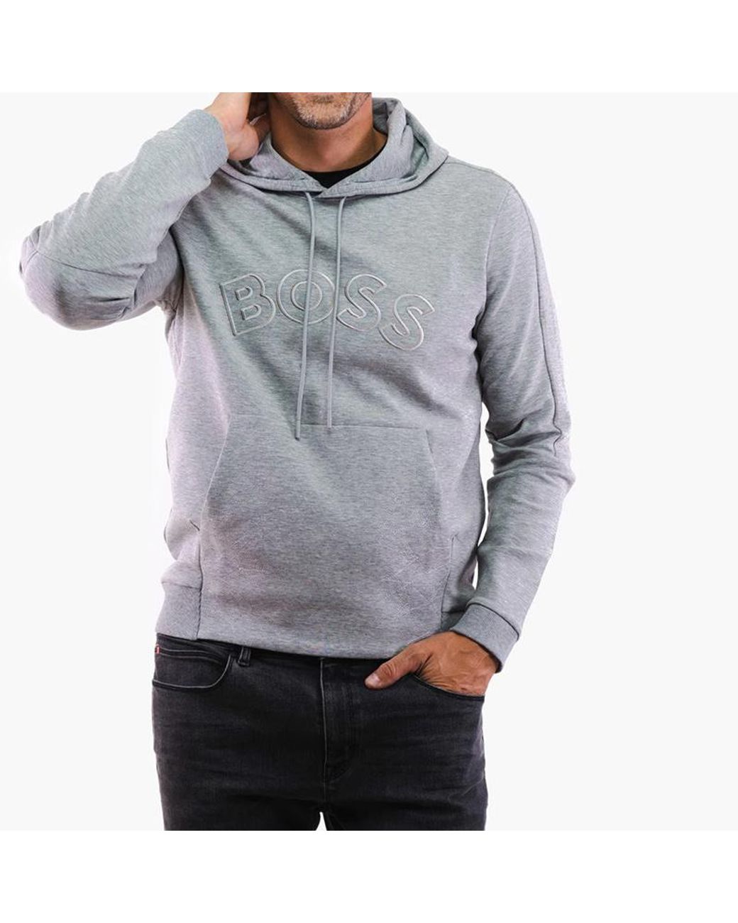 Boss Gray Curved Logo-Embroidered Drawstring Hoodie for men