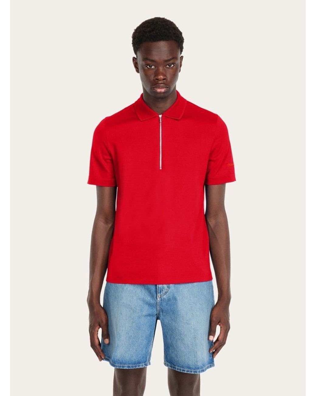 Ferragamo Red Zip Collar Polo Shirt for men