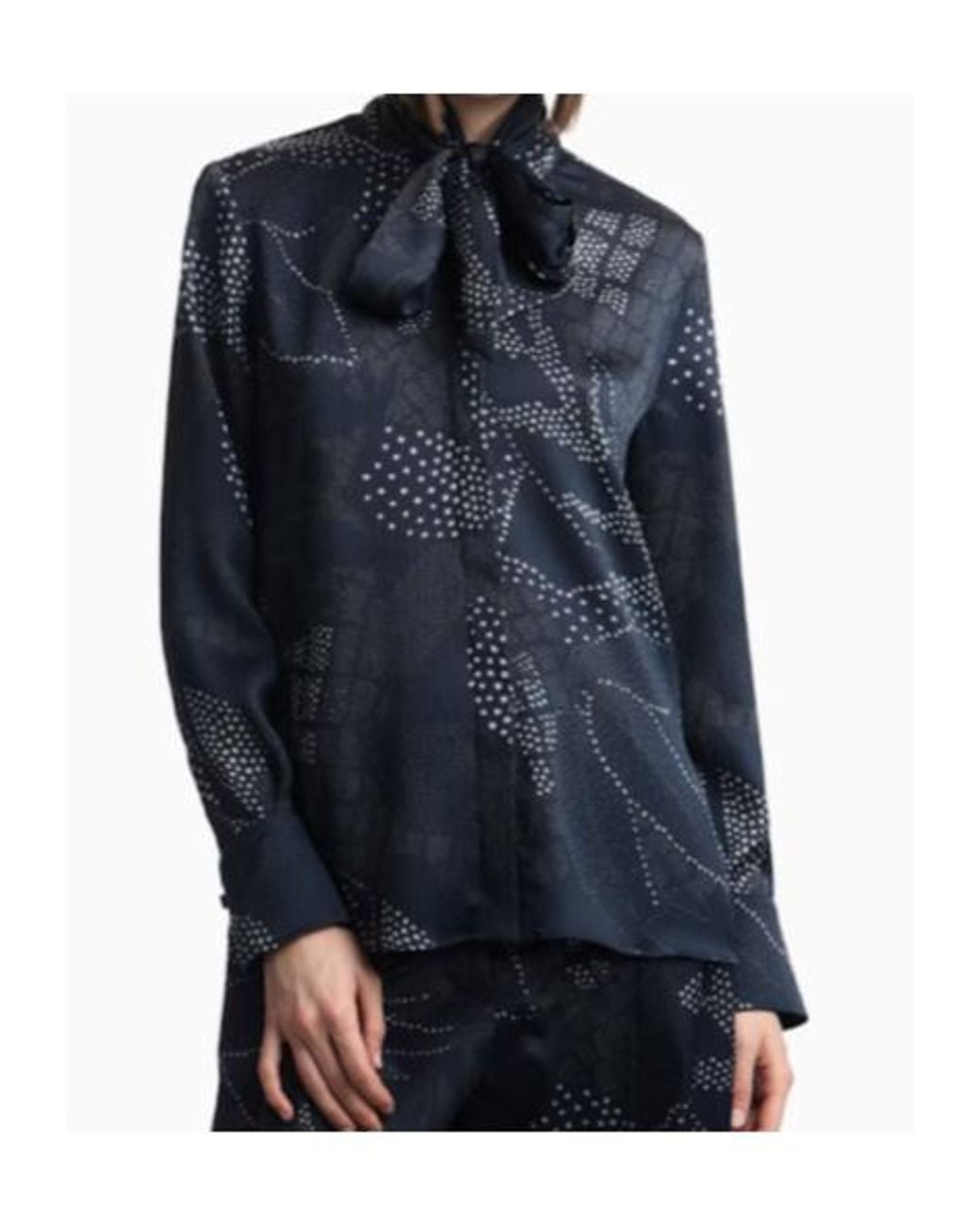 Emporio Armani Blue Creponne Shirt With Dotted Floral Print And A Neck Tie