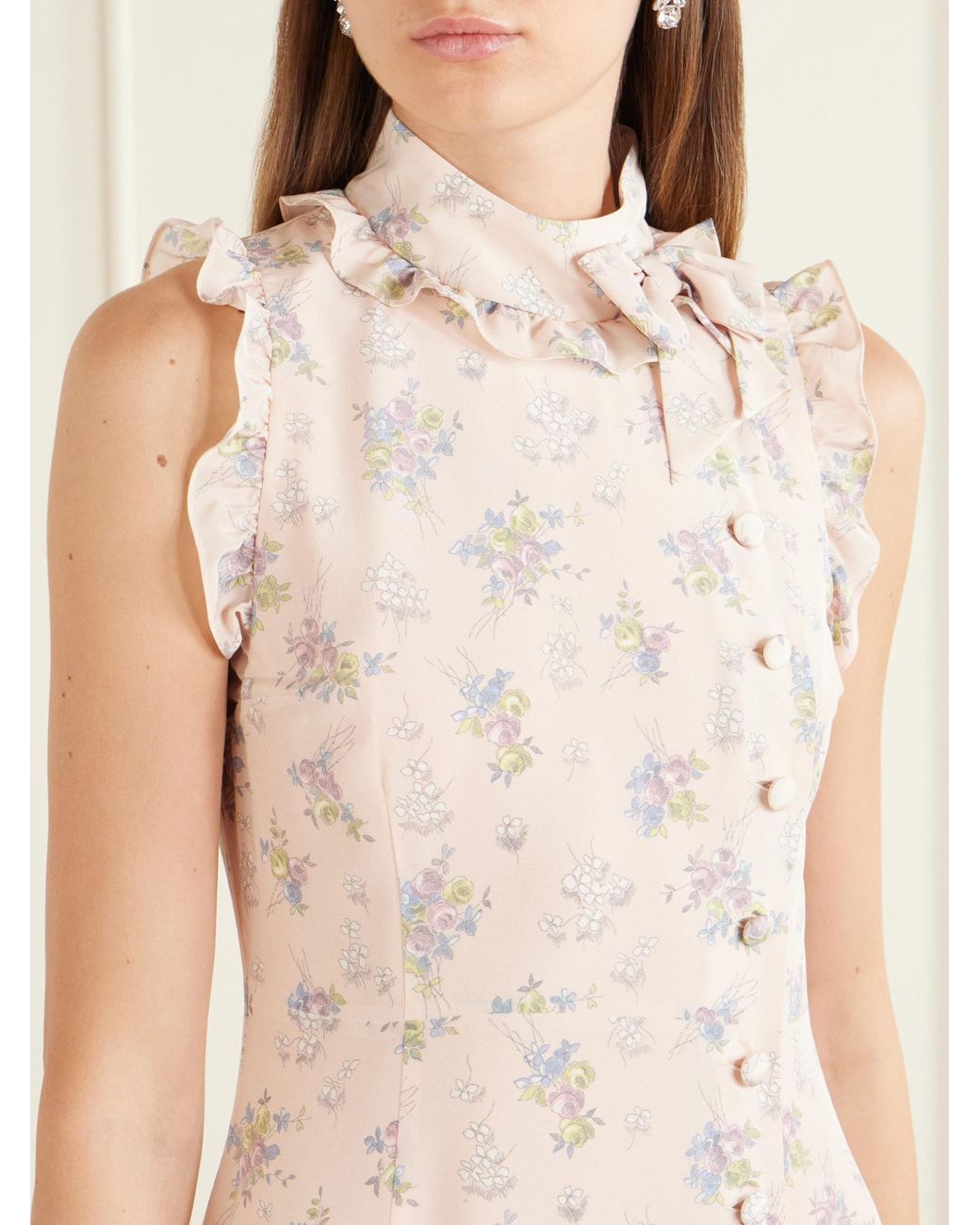 Alessandra Rich White Ruffled Floral-Print Silk Midi Dress