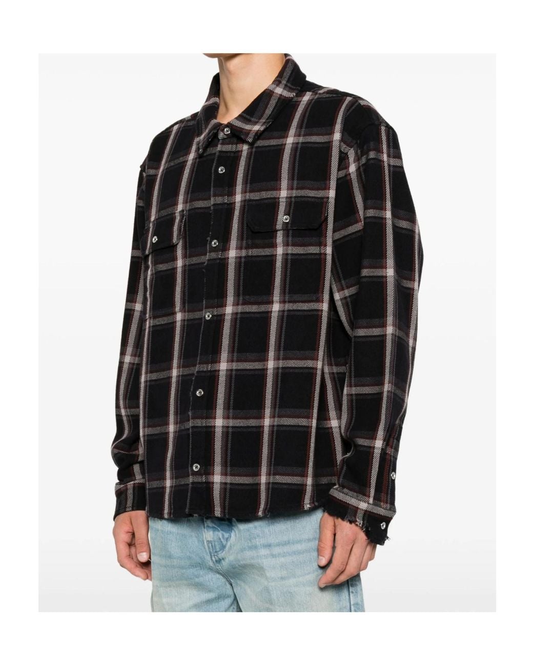 Purple Brand Black Long-Sleeve Plaid Shirt for men