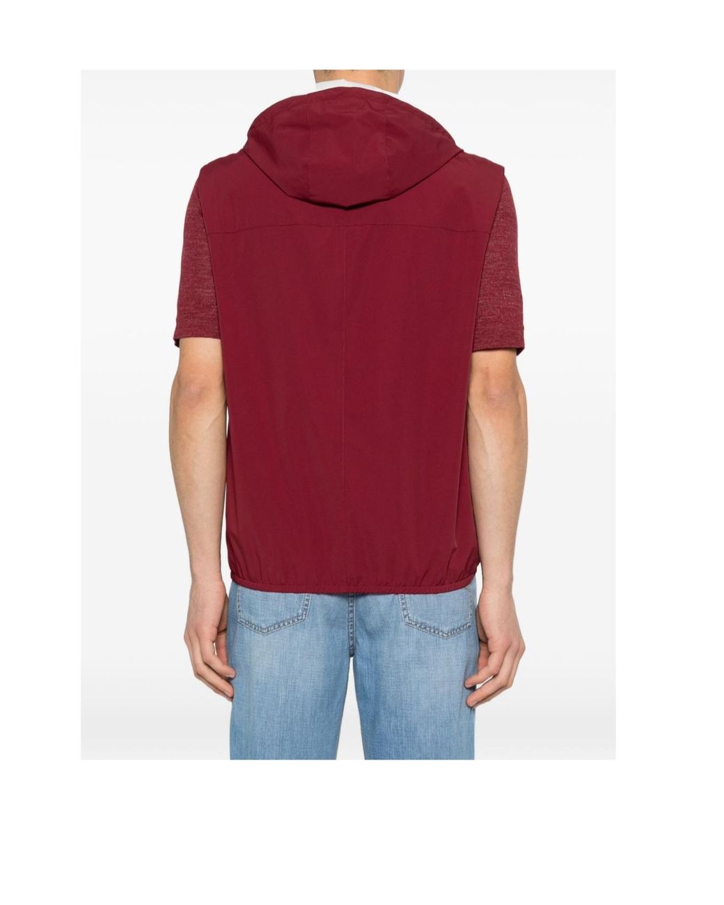 Brunello Cucinelli Red Bonded Nylon Hooded Vest With Logo for men