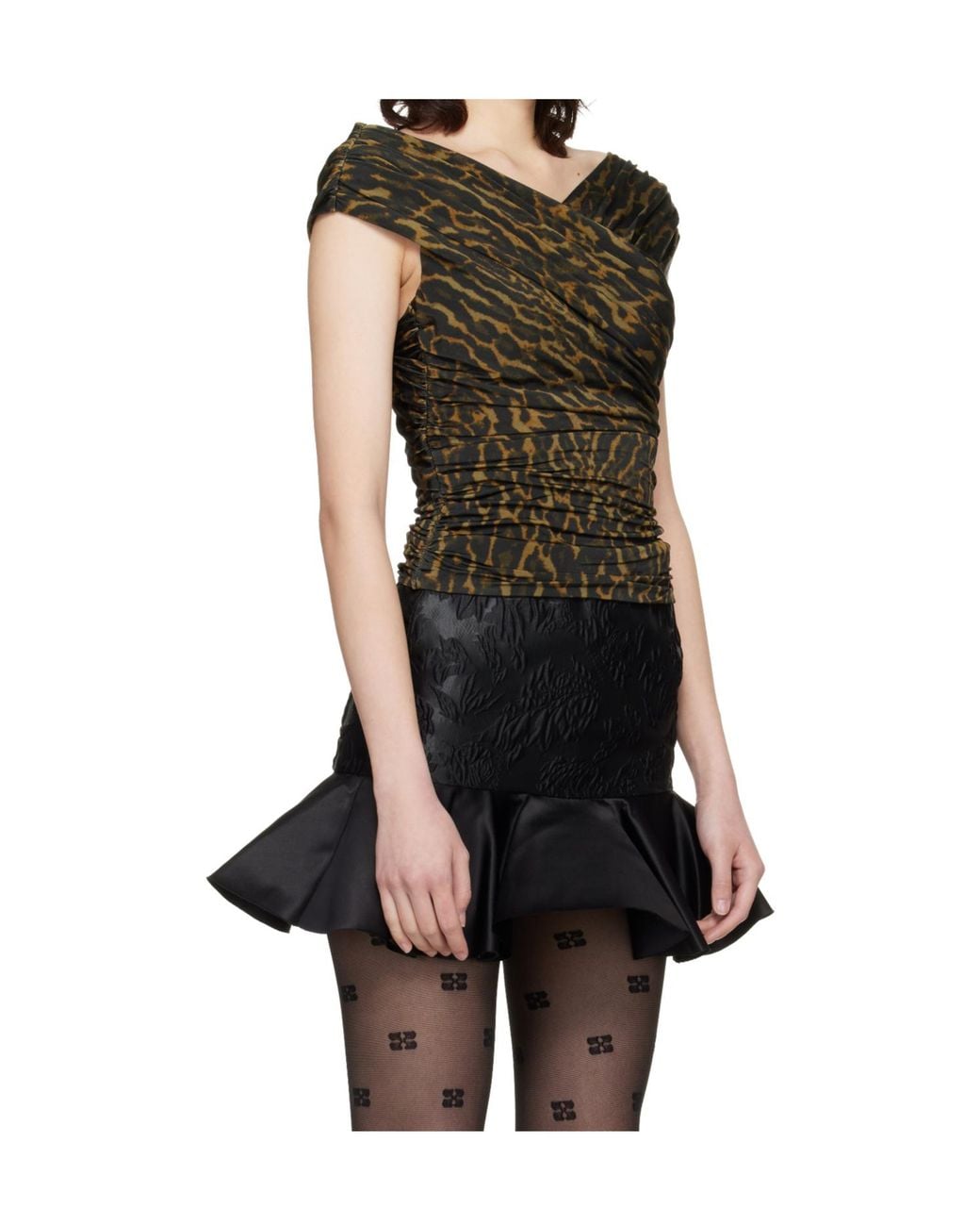 Ganni Green Printed Shiny Pleated Top