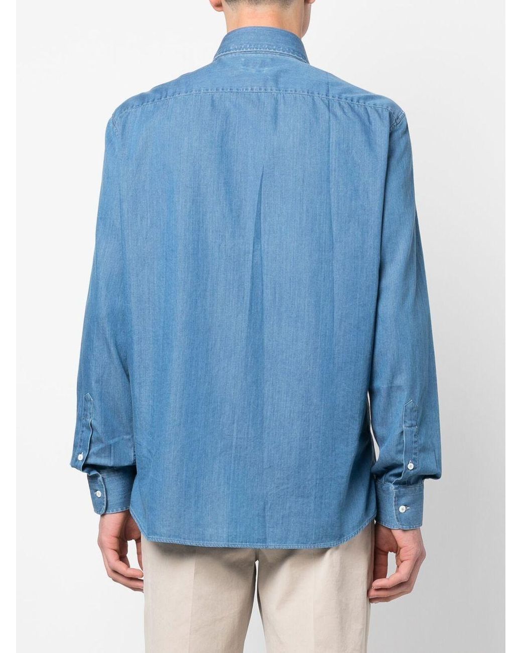 Brunello Cucinelli Blue Curved Hem Buttoned Denim Shirt for men