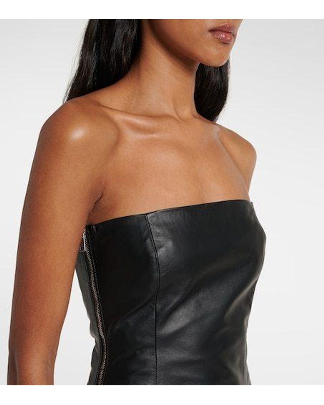 The Attico Black Draped Strapless Leather Midi Dress