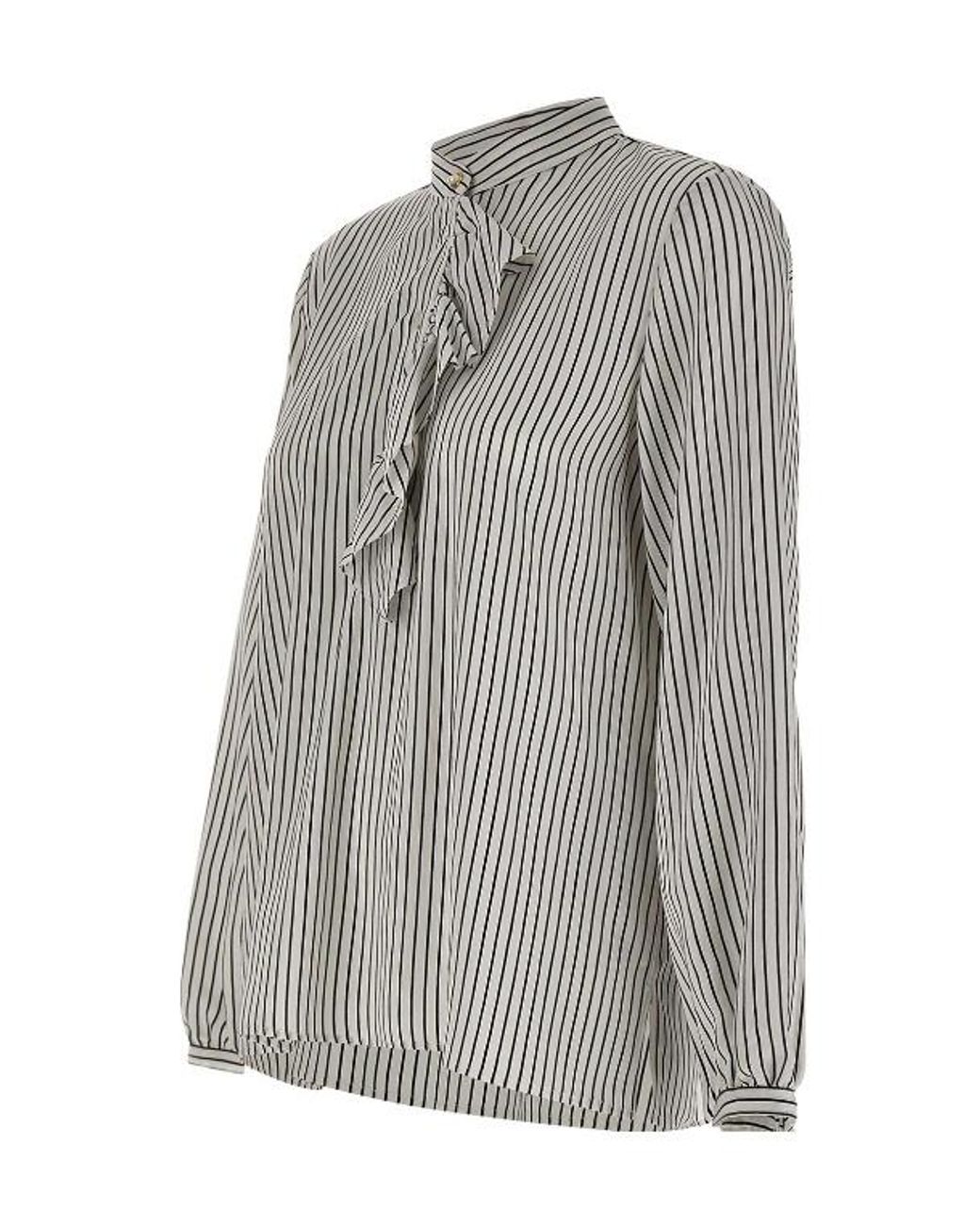 Marella Gray Ruffled Striped Henley Blouse