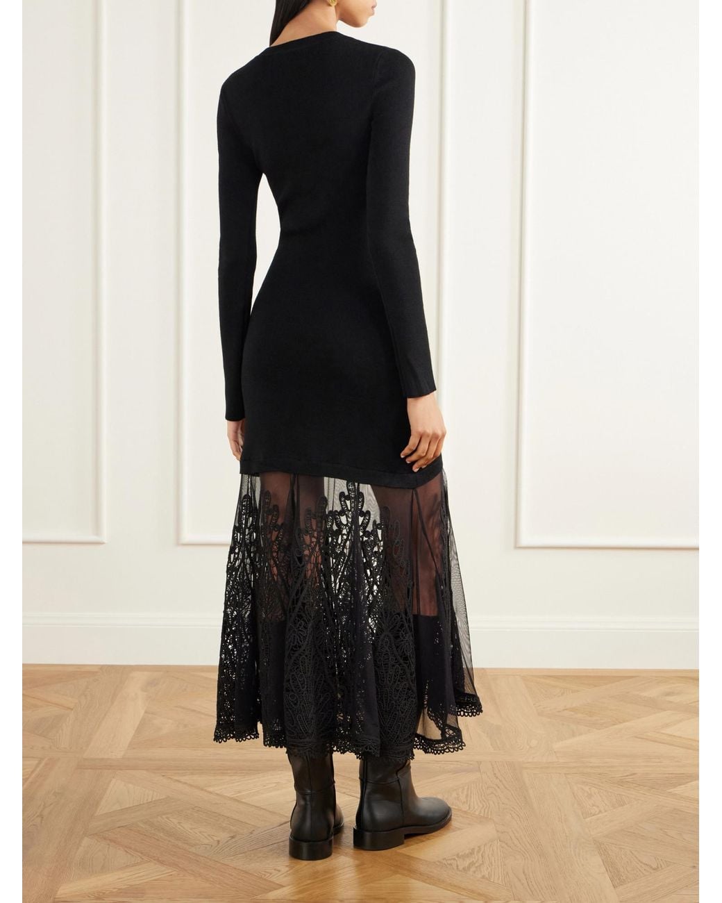 Sea Black Embroidered Tulle-Trimmed Wool Midi Dress