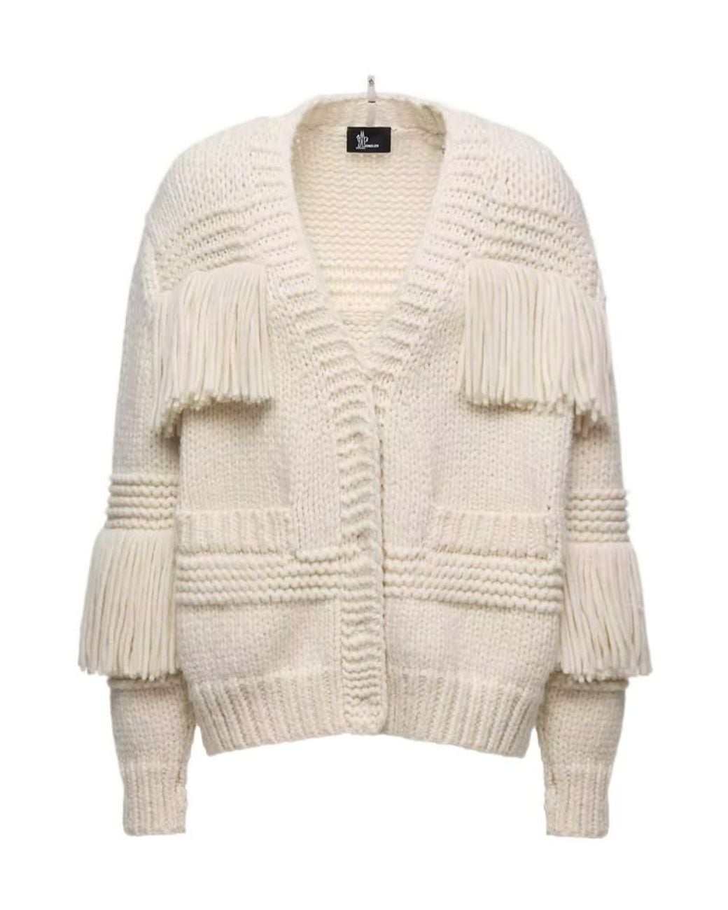 Moncler Natural Grenoble Fringe-Trim V-Neck Cardigan