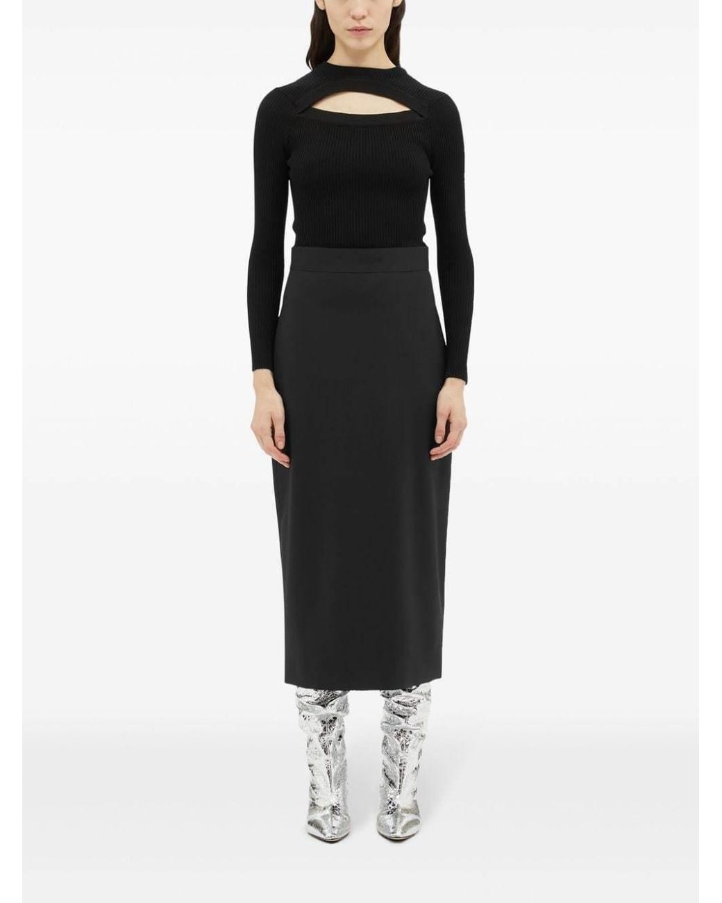 MSGM Black High-Waist Logo-Jacquard Midi Skirt
