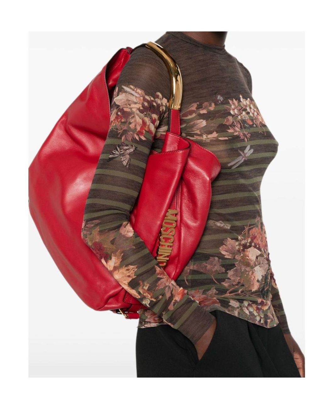 Moschino Red Handle Me Logo-Plaque Leather Tote Bag