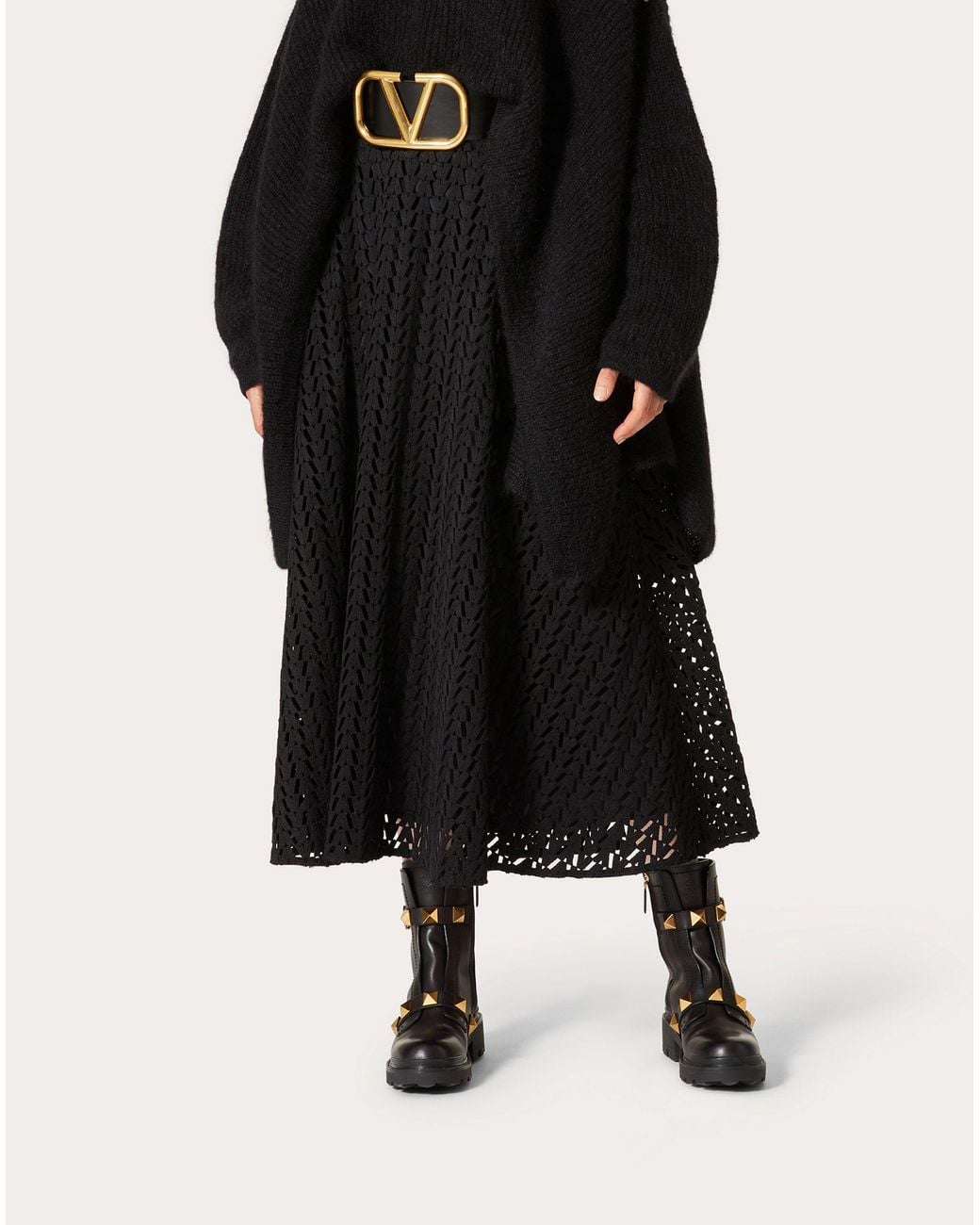 Valentino Black Optical V-Logo Cut-Out A-Line Midi Skirt