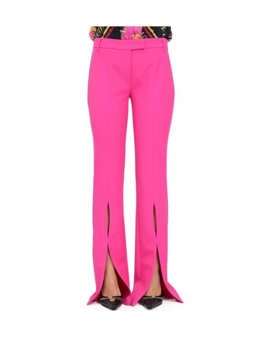 Versace Jeans Pink Couture Logo-Lettering Front-Slits Flared Trousers