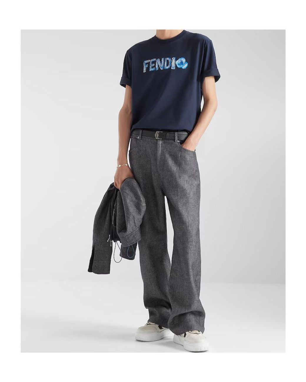 Fendi Blue Flowers Logo Embroidered Crewneck T-Shirt for men