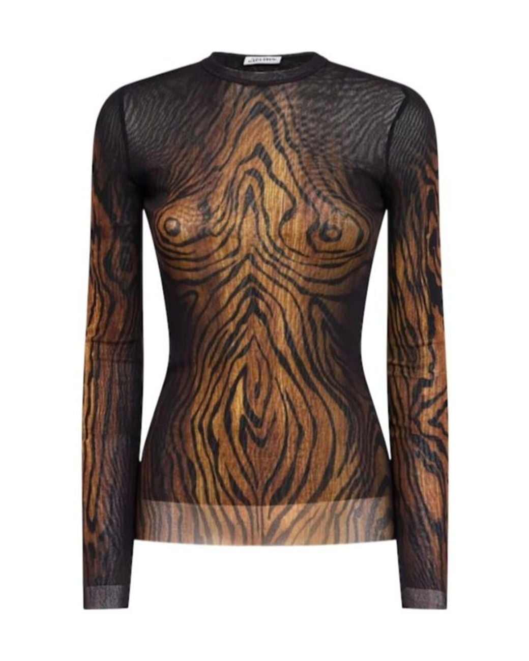 Jean Paul Gaultier Brown Wood Grain Print Mesh Long-Sleeved Top