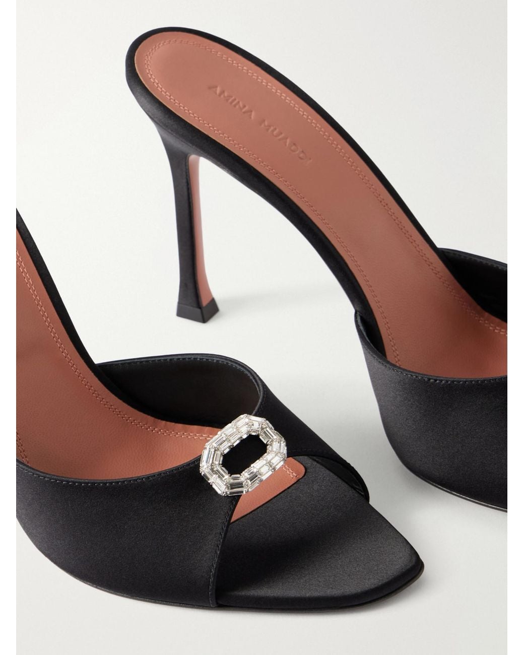AMINA MUADDI Black Embellished Satin Sandals