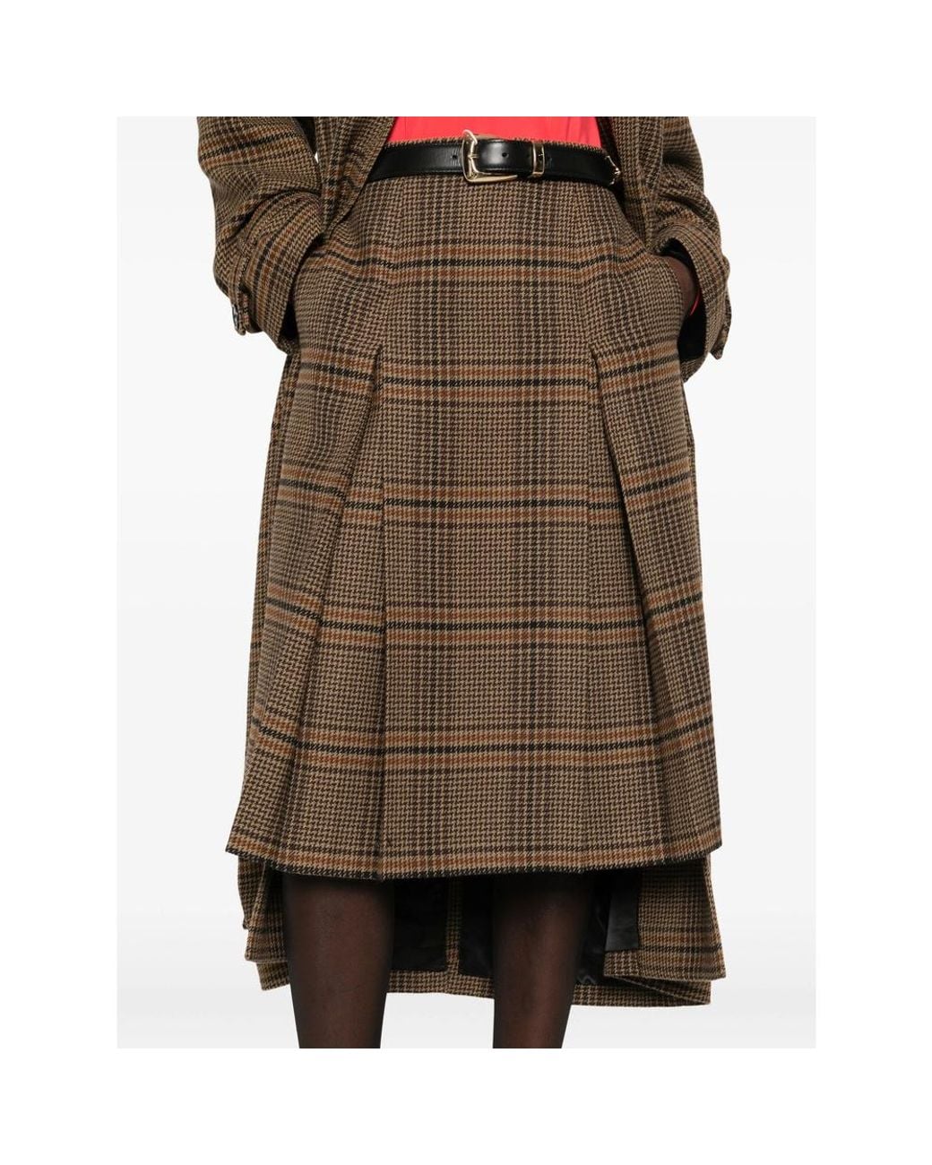 Saint Laurent Green Pleated Houndstooth Skirt