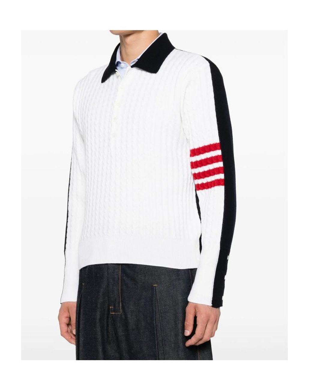 Thom Browne White 4-Bar Cable-Knit Polo Shirt for men