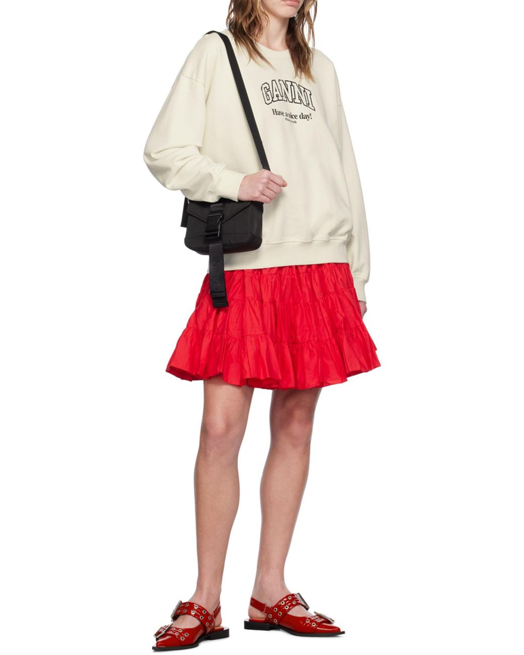 Ganni Red Feminine Buckle Slingback Ballerinas