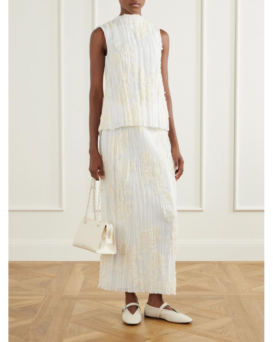 Kallmeyer White Daria Plissé Cotton-Blend Blouse