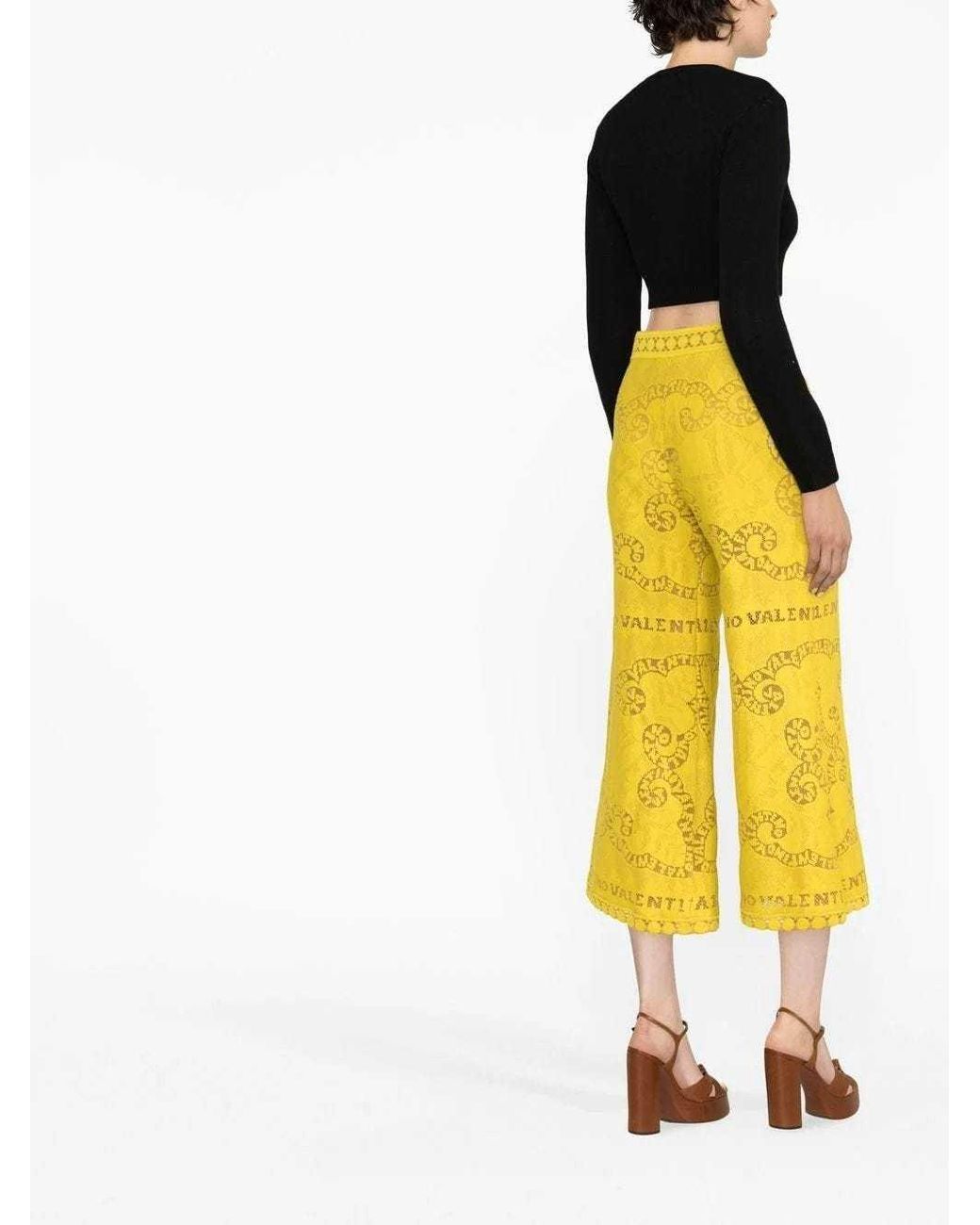 Valentino Yellow Cropped Lace Trousers
