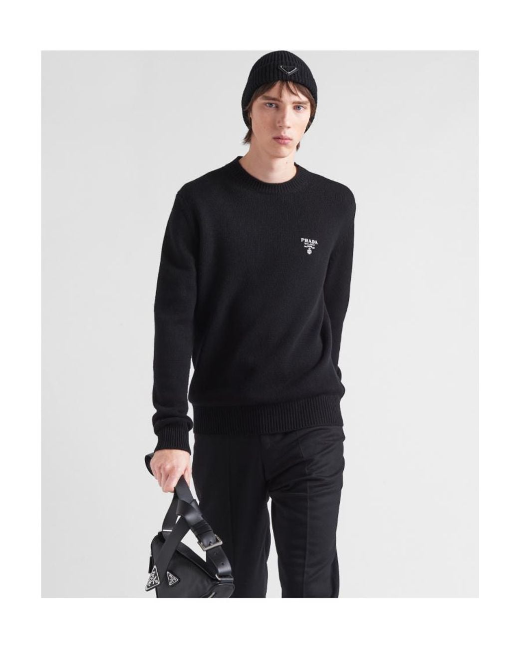 Prada Black Logo Embroidered Crewneck Knit Sweater for men