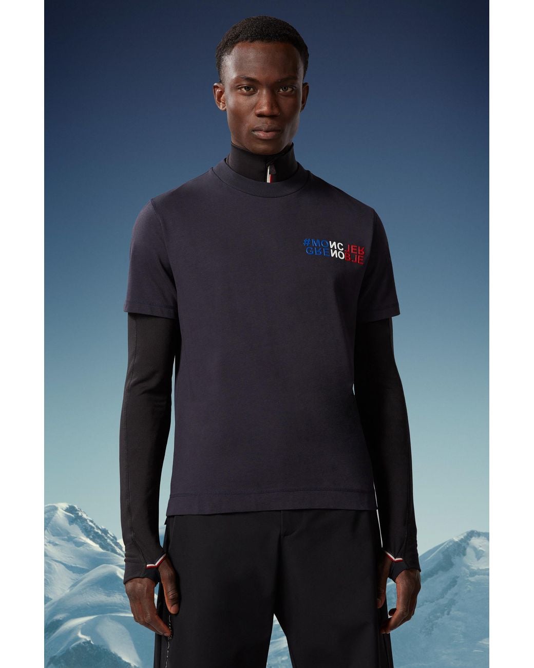 Moncler Blue Grenoble Mountain Logo Embossed Crewneck T-Shirt for men