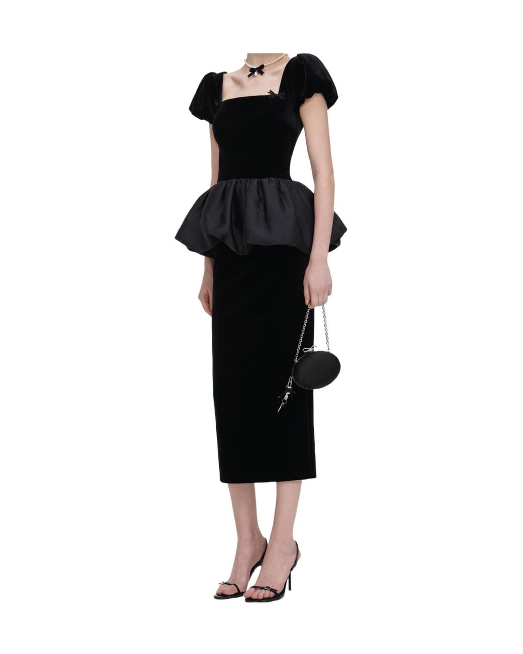 Self-Portrait Black Puff-Sleeve Peplum Dress