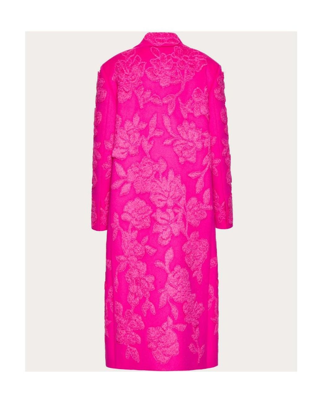 Valentino Pink Compact Drap Coat With Floral Embroidery